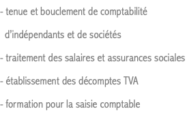 - tenue et bouclement de comptabilité d’indépendants et de sociétés - traitement des salaires et assurances sociales - établissement des décomptes TVA - formation pour la saisie comptable
