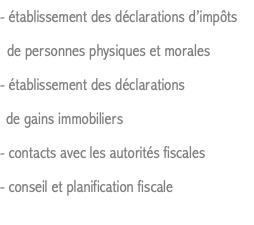 - établissement des déclarations d’impôts de personnes physiques et morales - établissement des déclarations de gains immobiliers - contacts avec les autorités fiscales - conseil et planification fiscale