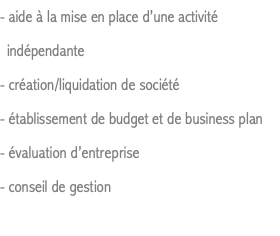 - aide à la mise en place d’une activité indépendante - création/liquidation de société - établissement de budget et de business plan - évaluation d’entreprise - conseil de gestion